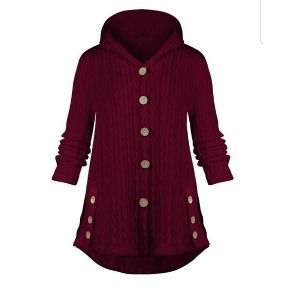 Loveu.Dear Cute Burgundy Knit Button Accent Hooded Cardigan Size Large MRSP $100 - Picture 1 of 5